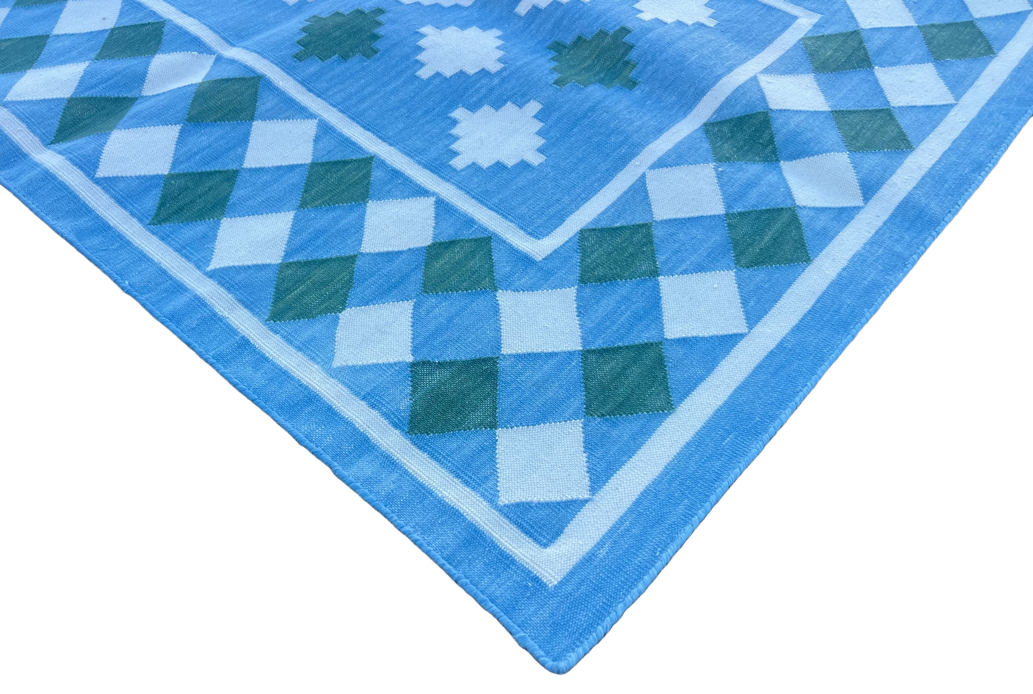 Modern Handmade Cotton Sky Blue, Cream And Green Star Checked Runner-6703