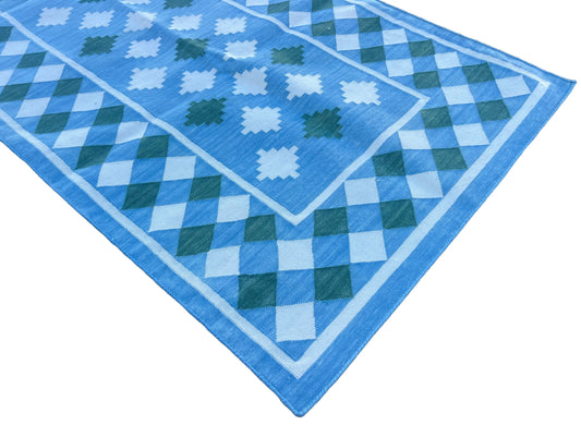 Modern Handmade Cotton Sky Blue, Cream And Green Star Checked Runner-6703