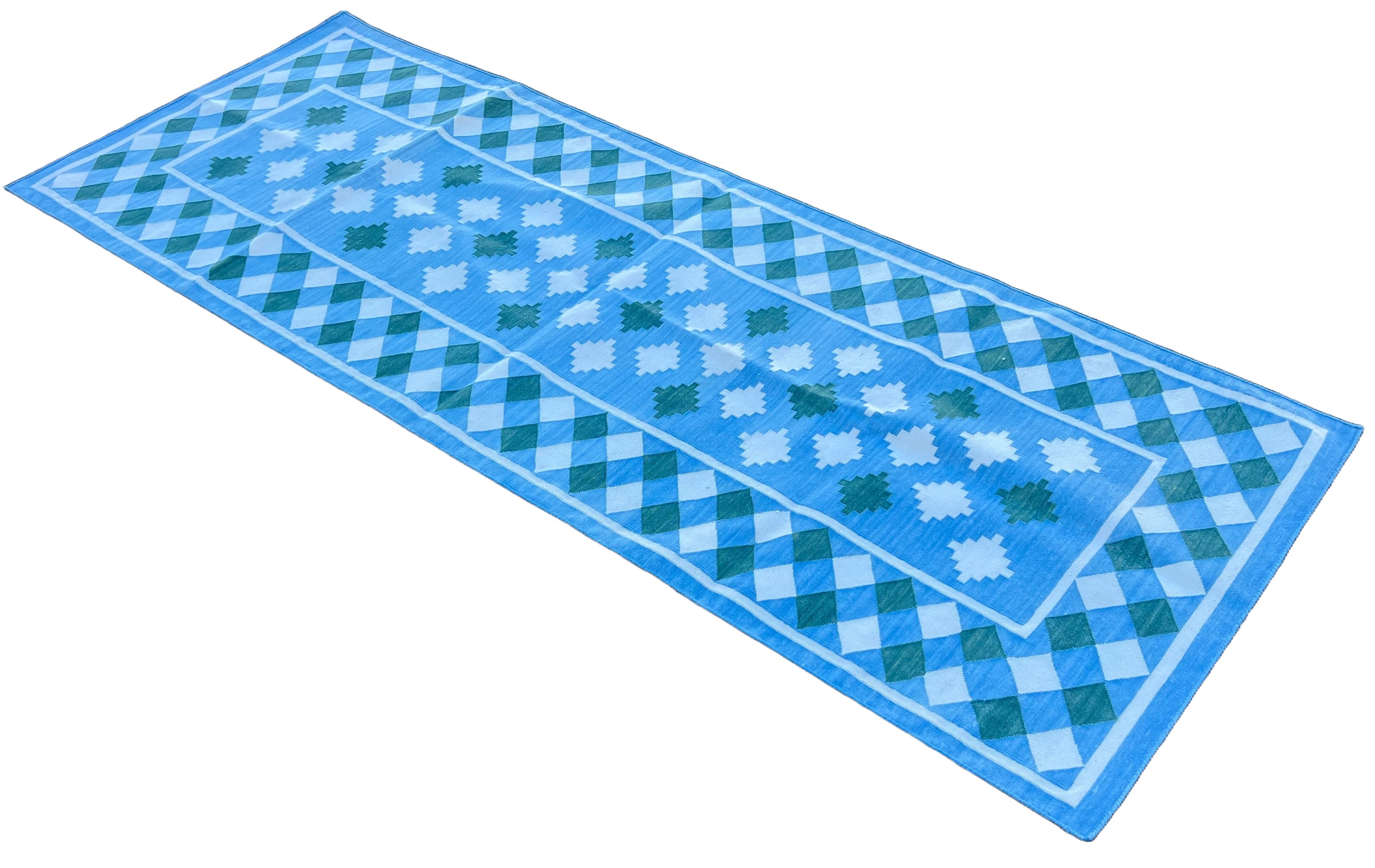 Modern Handmade Cotton Sky Blue, Cream And Green Star Checked Runner-6703