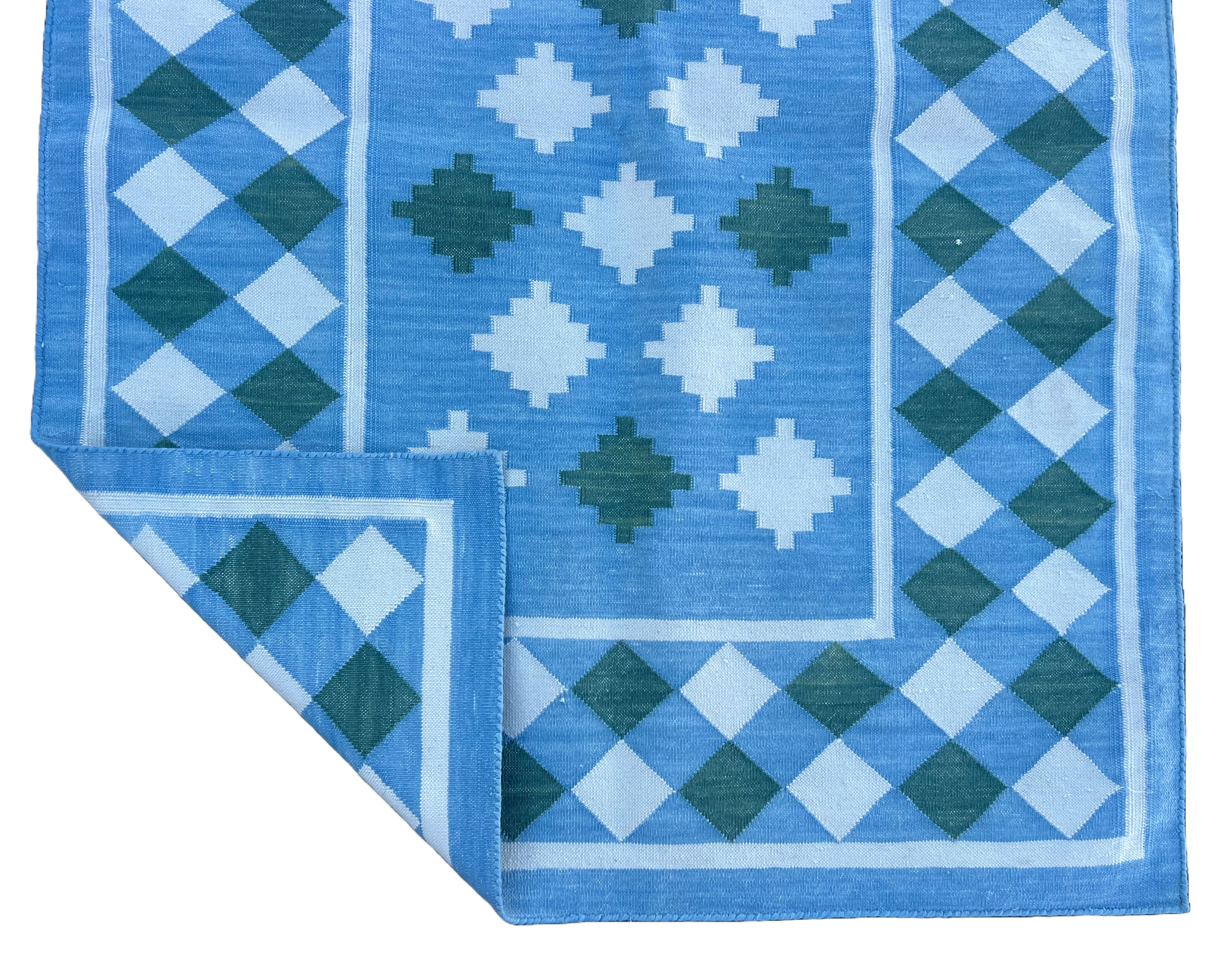 Modern Handmade Cotton Sky Blue, Cream And Green Star Checked Runner-6703