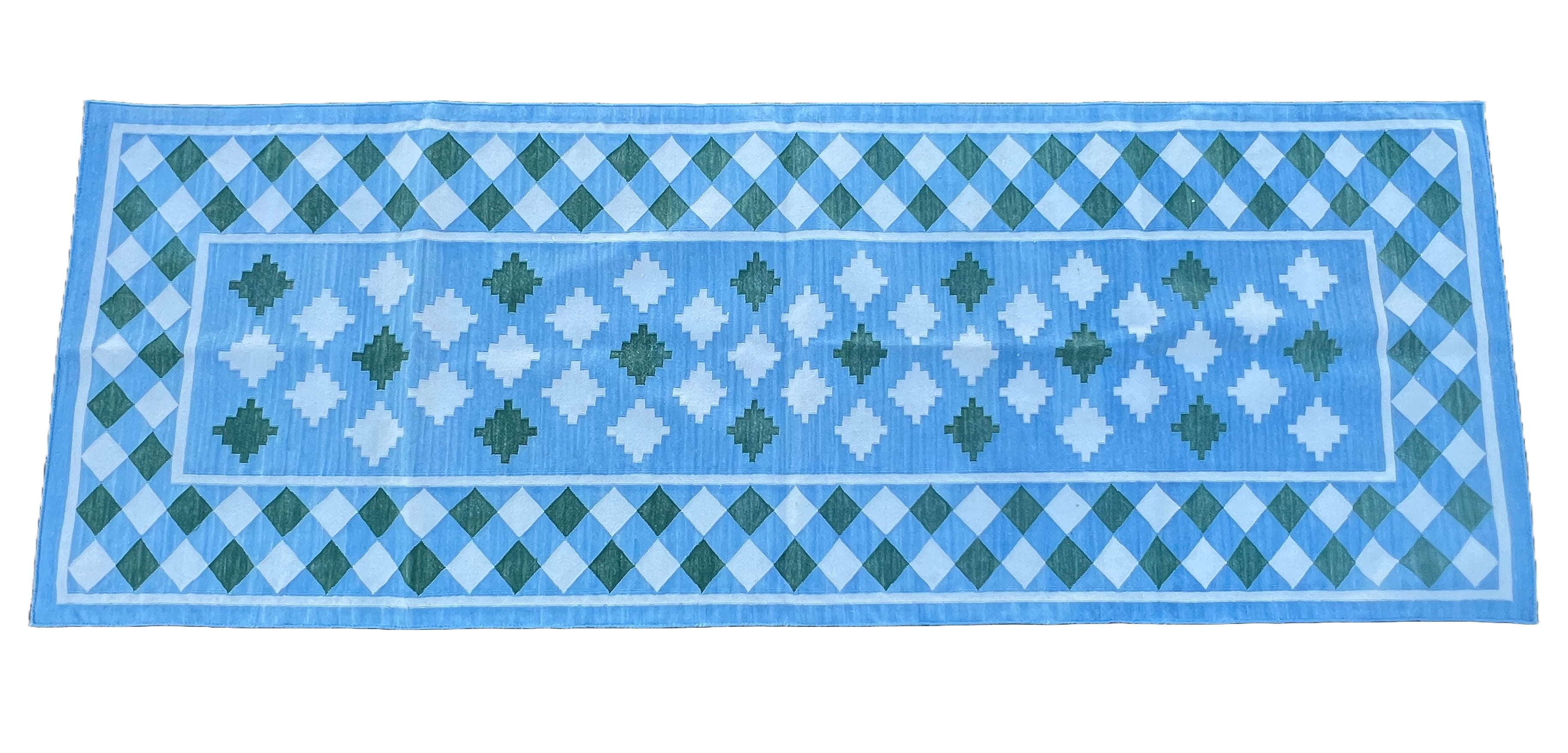 Modern Handmade Cotton Sky Blue, Cream And Green Star Checked Runner-6703