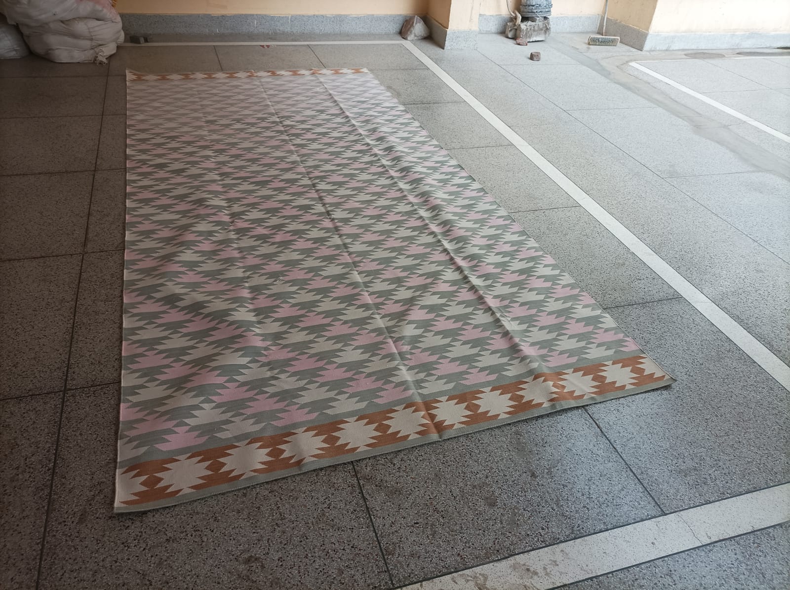 Modern Handmade Cotton Gray, Pink, Cream And Tan Geometric Area Rug-6832