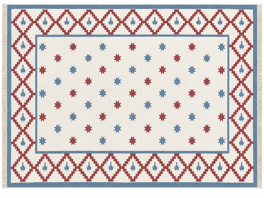 Modern Handmade Cotton Sky Blue, Cream And Terracotta Area Star Rug-6843