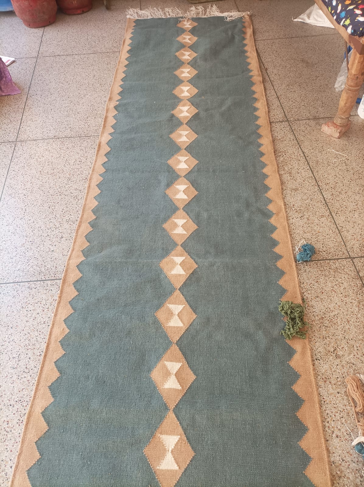 Modern Handmade New Zealand Wool Turquoise Blue, Cream And Beige Geometric Runner-6806