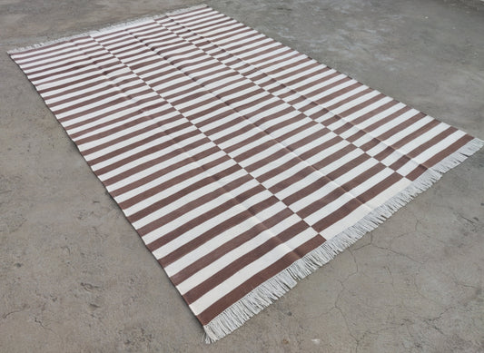 Cotton Brown and White Striped 5'x8' Indian Dhurrie for CARLY BOYAN