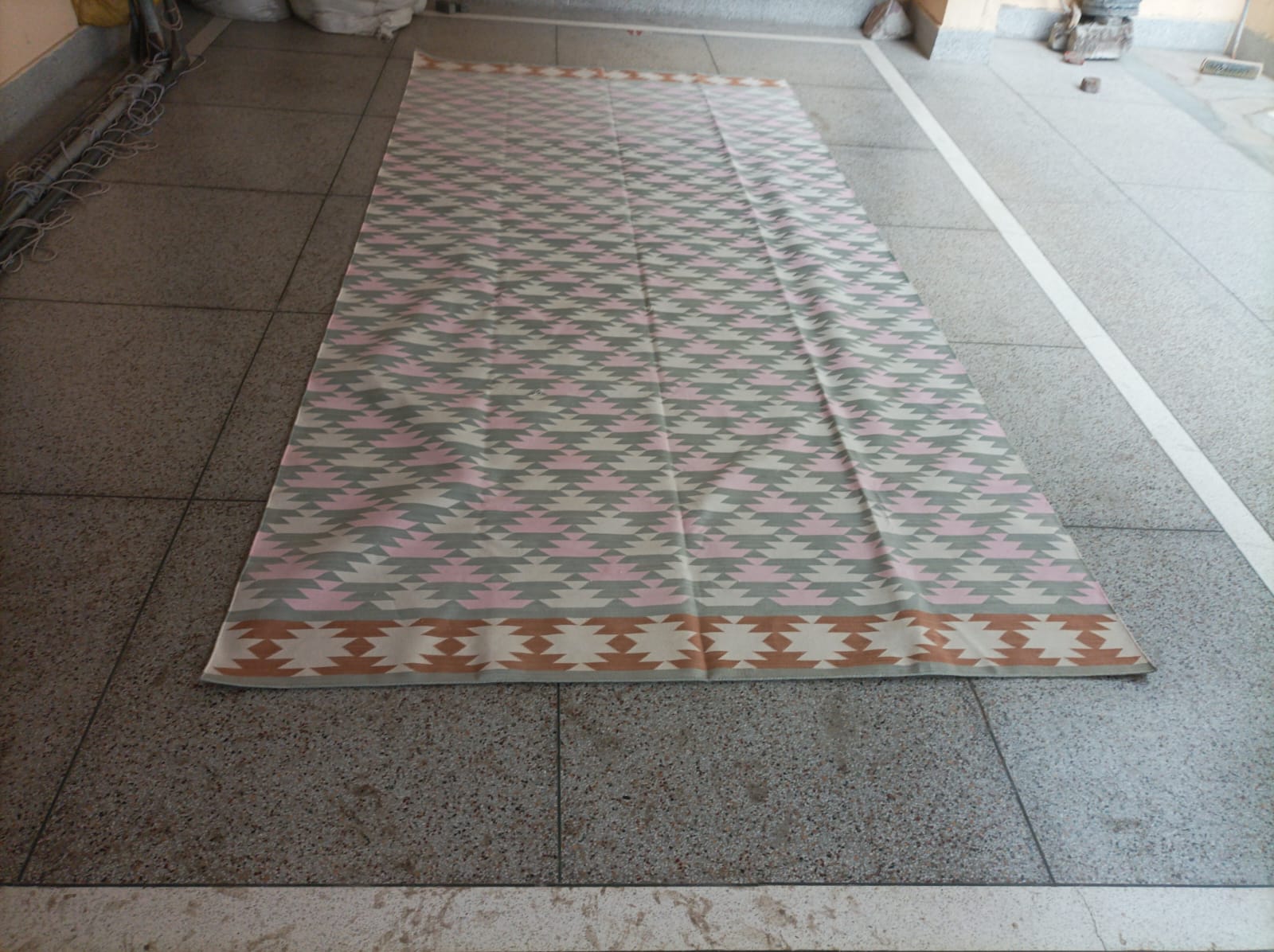 Modern Handmade Cotton Gray, Pink, Cream And Tan Geometric Area Rug-6832