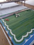 Modern Handmade Cotton Forest Green, Cream And Teal Blue 4 Sided Scalloped Rug-9670