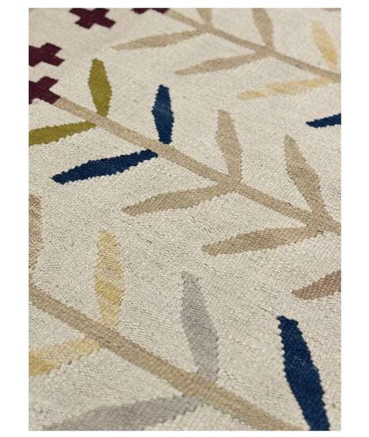 Cotton Custom Cream, Beige, Blue And Red Leaf Rug for JEMMA SKIPWORTH in a Size 300x400cm