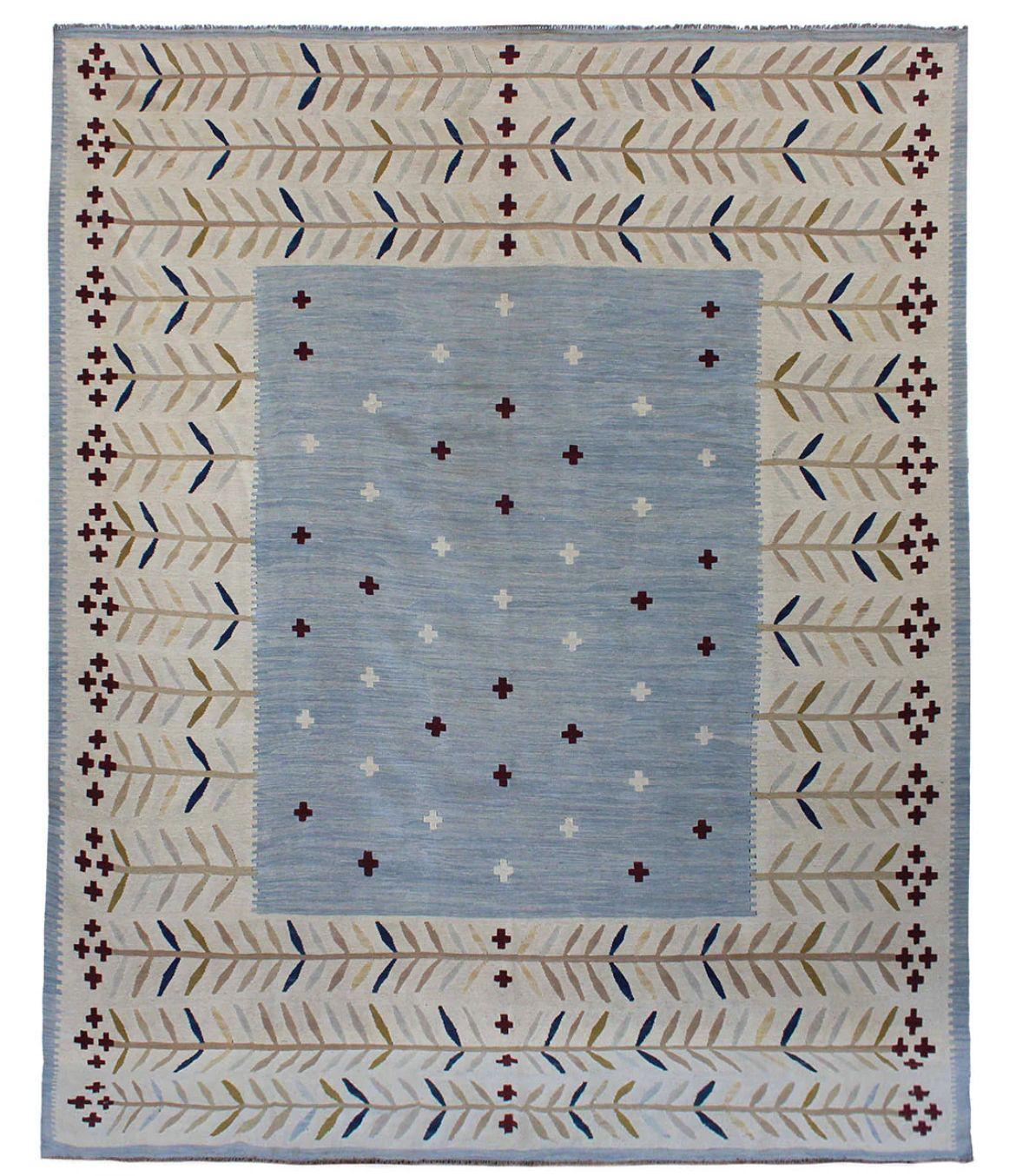 Cotton Custom Cream, Beige, Blue And Red Leaf Rug for JEMMA SKIPWORTH in a Size 300x400cm