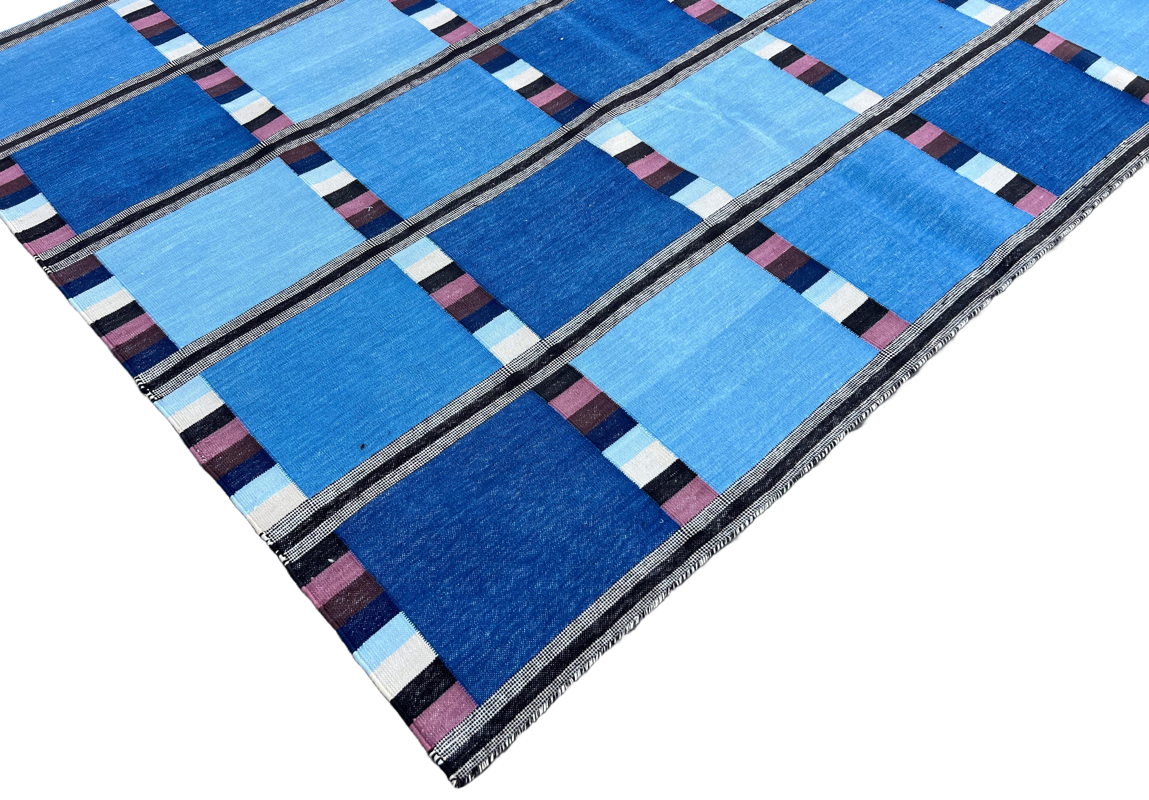 Modern Handmade Cotton Area Flat Weave Rug, Blue, Cream And Brown Checked Dhurrie-6724