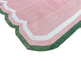 Modern Handmade Cotton Rug, Pink, Cream and Green Scalloped Indian Dhurrie-9650