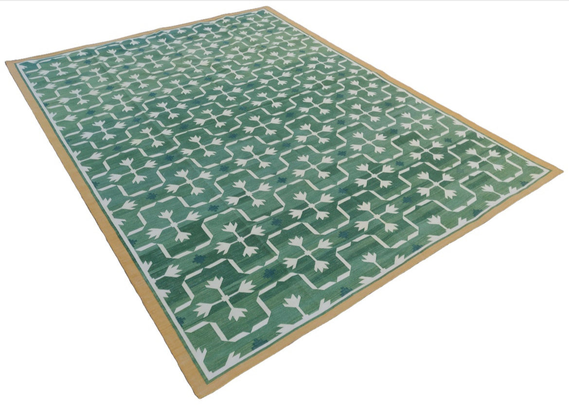 (Modern Handmade Cotton Area Flat Weave Rug, Natural Vegetable Dyed, Green & cream Leaf Pattern Indian Dhurrie, Kilim Stripe, Wall Tapestry size 6’x9’