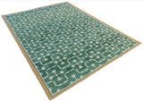 (Modern Handmade Cotton Area Flat Weave Rug, Natural Vegetable Dyed, Green & cream Leaf Pattern Indian Dhurrie, Kilim Stripe, Wall Tapestry size 6’x9’