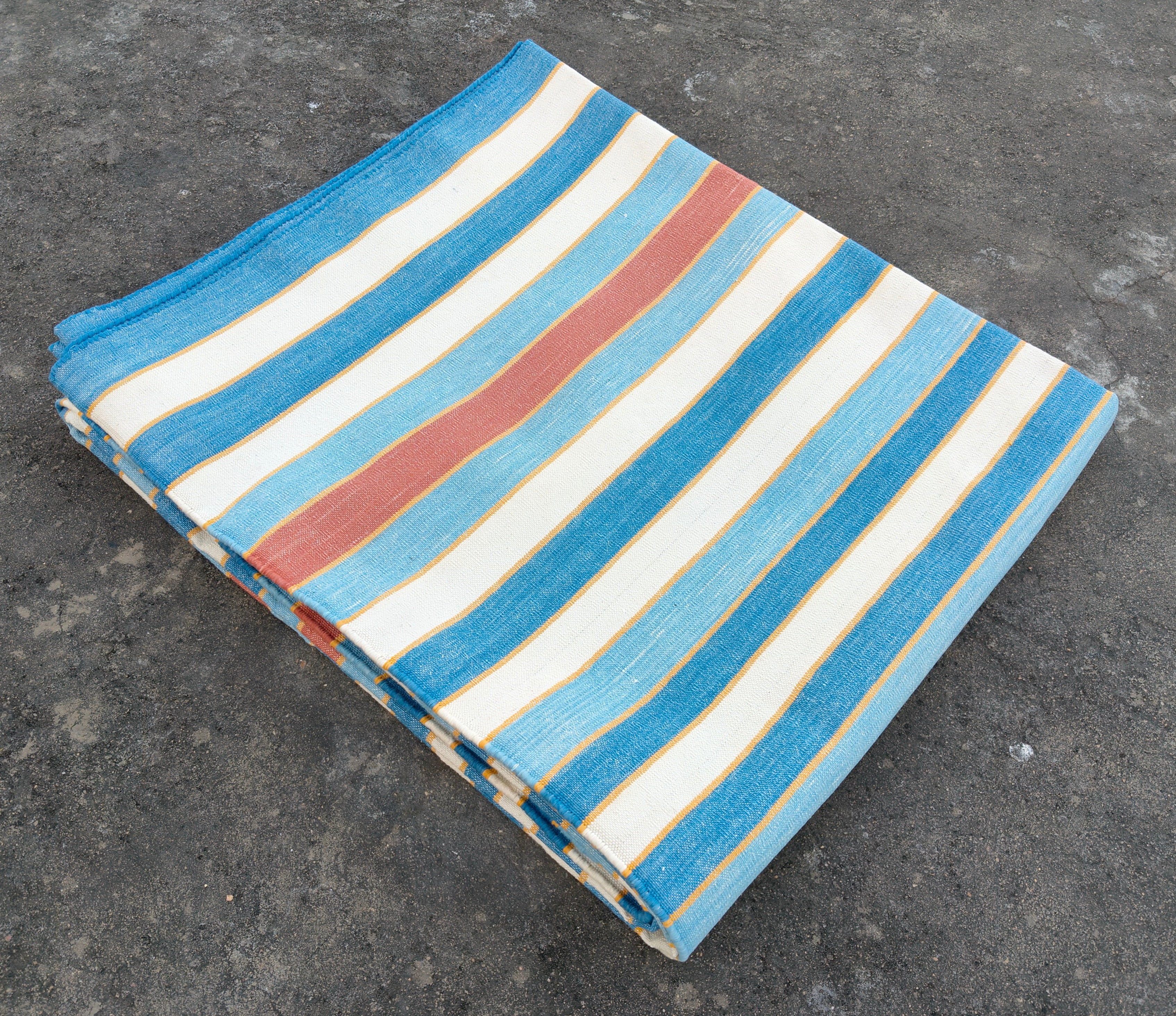 Modern Handmade Cotton Area Rug, Sky Blue, Red And Yellow Striped Indian Dhurrie -6783