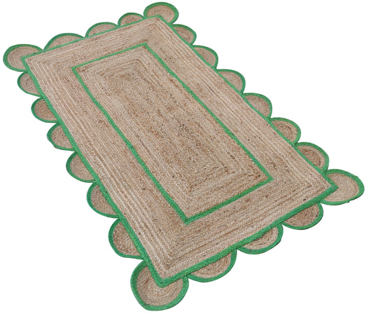 Modern Handmade Natural Jute Scalloped Rug Dhurrie with a Green Border -8001