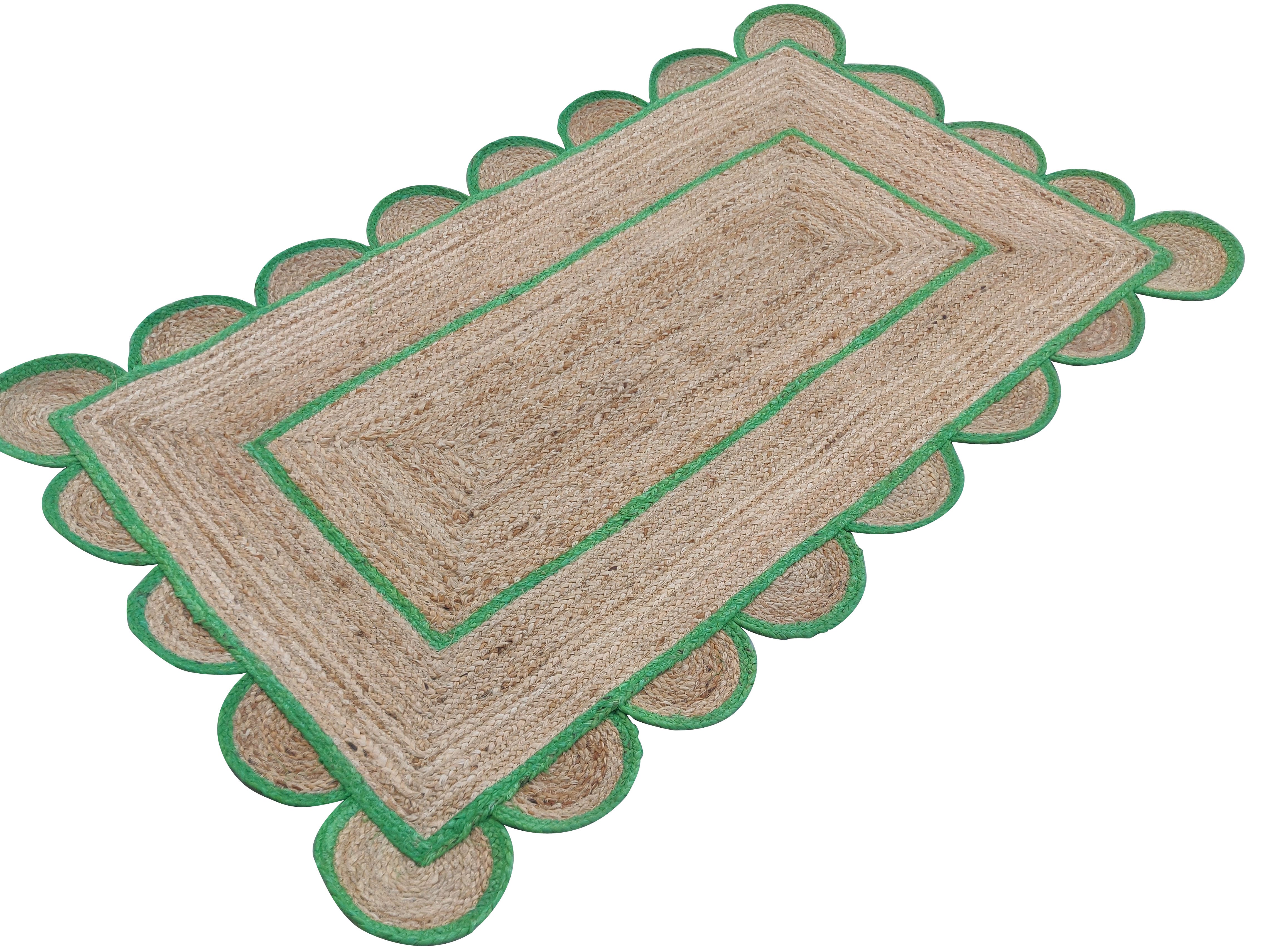 Modern Handmade Natural Jute Scalloped Rug Dhurrie with a Green Border -8001