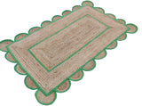 Modern Handmade Natural Jute Scalloped Rug Dhurrie with a Green Border -8001