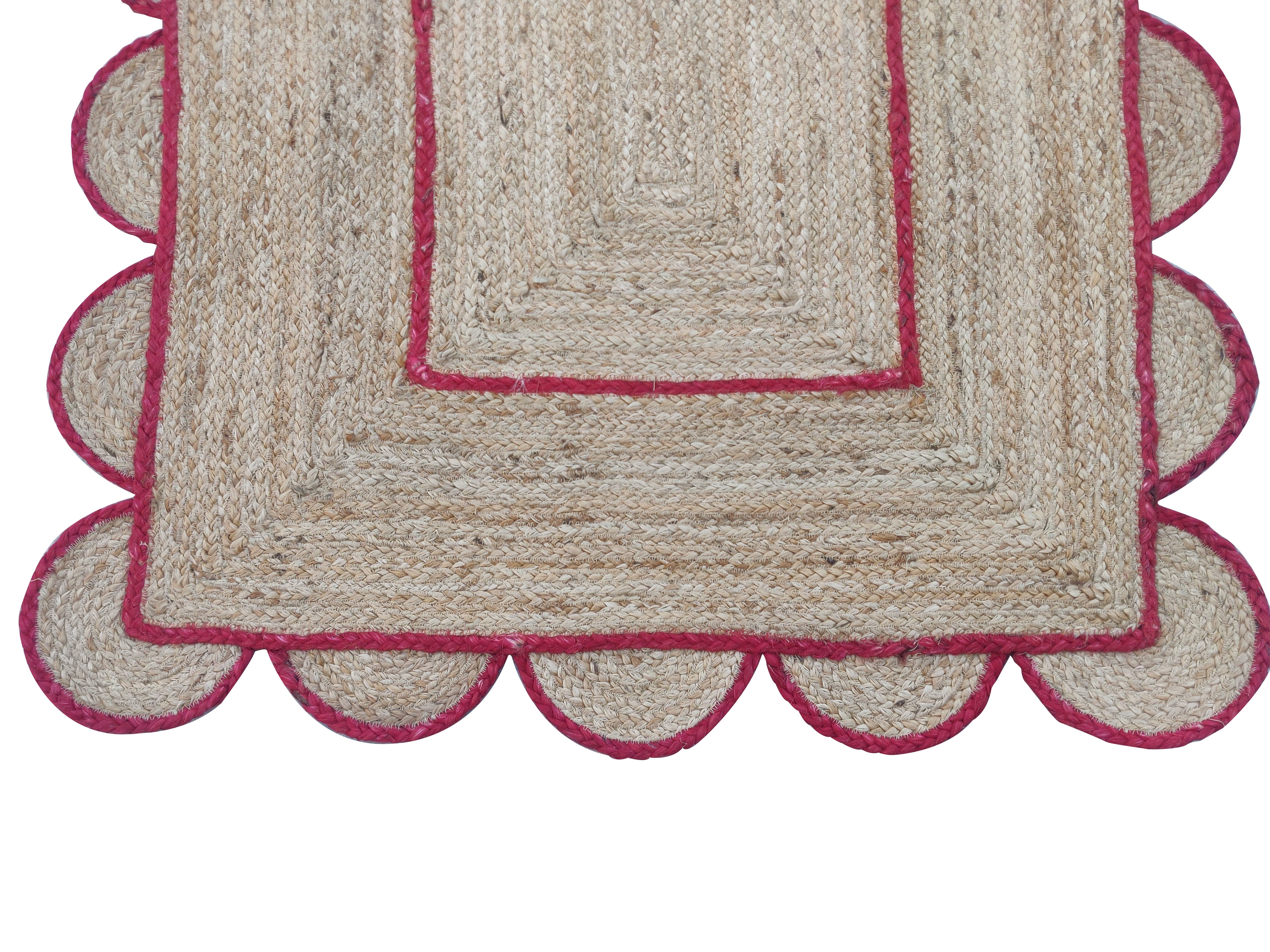 Modern Handmade Natural Jute Scalloped Rug Dhurrie with a Red Border -8002