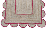 Modern Handmade Natural Jute Scalloped Rug Dhurrie with a Red Border -8002