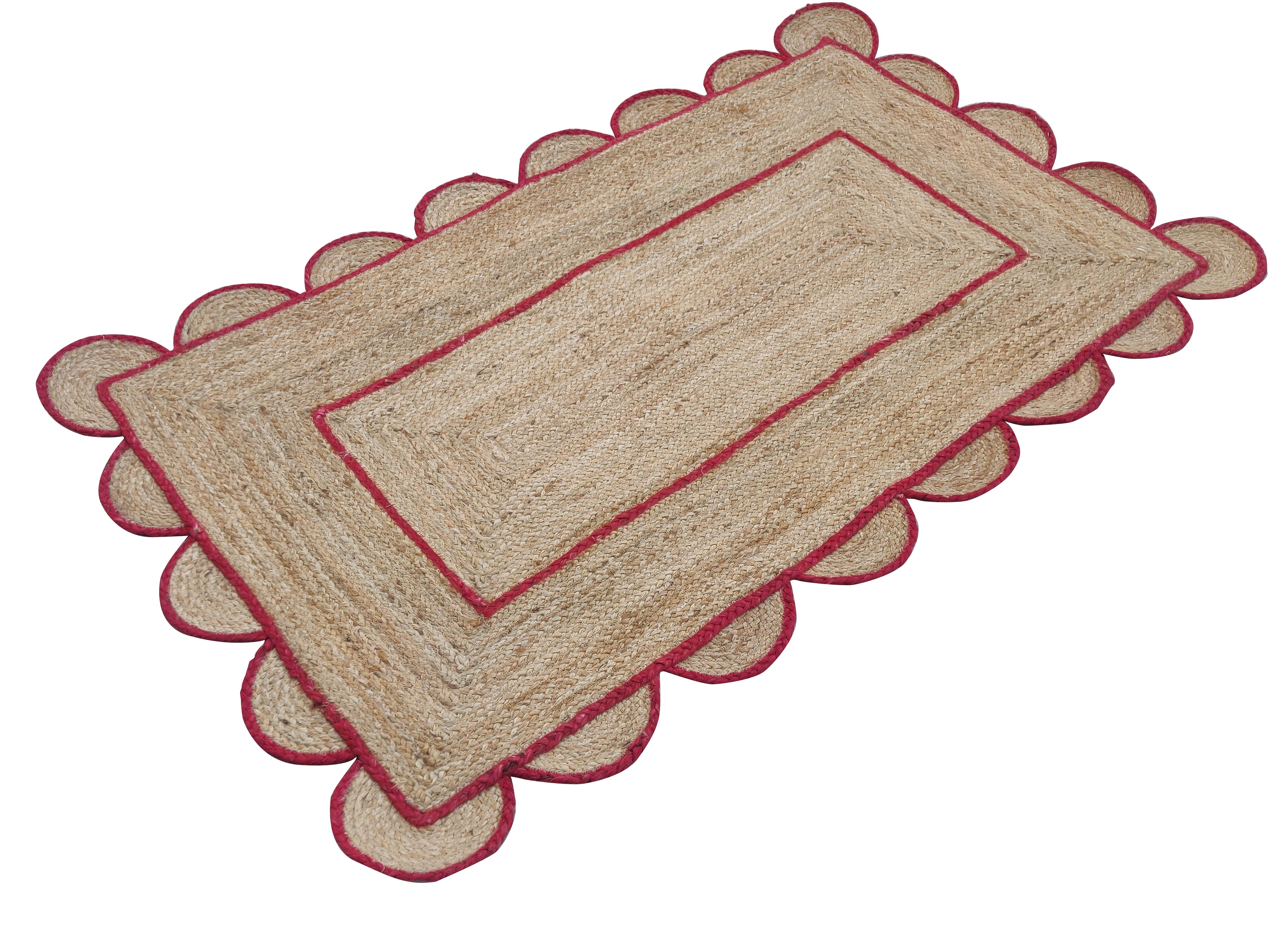 Modern Handmade Natural Jute Scalloped Rug Dhurrie with a Red Border -8002