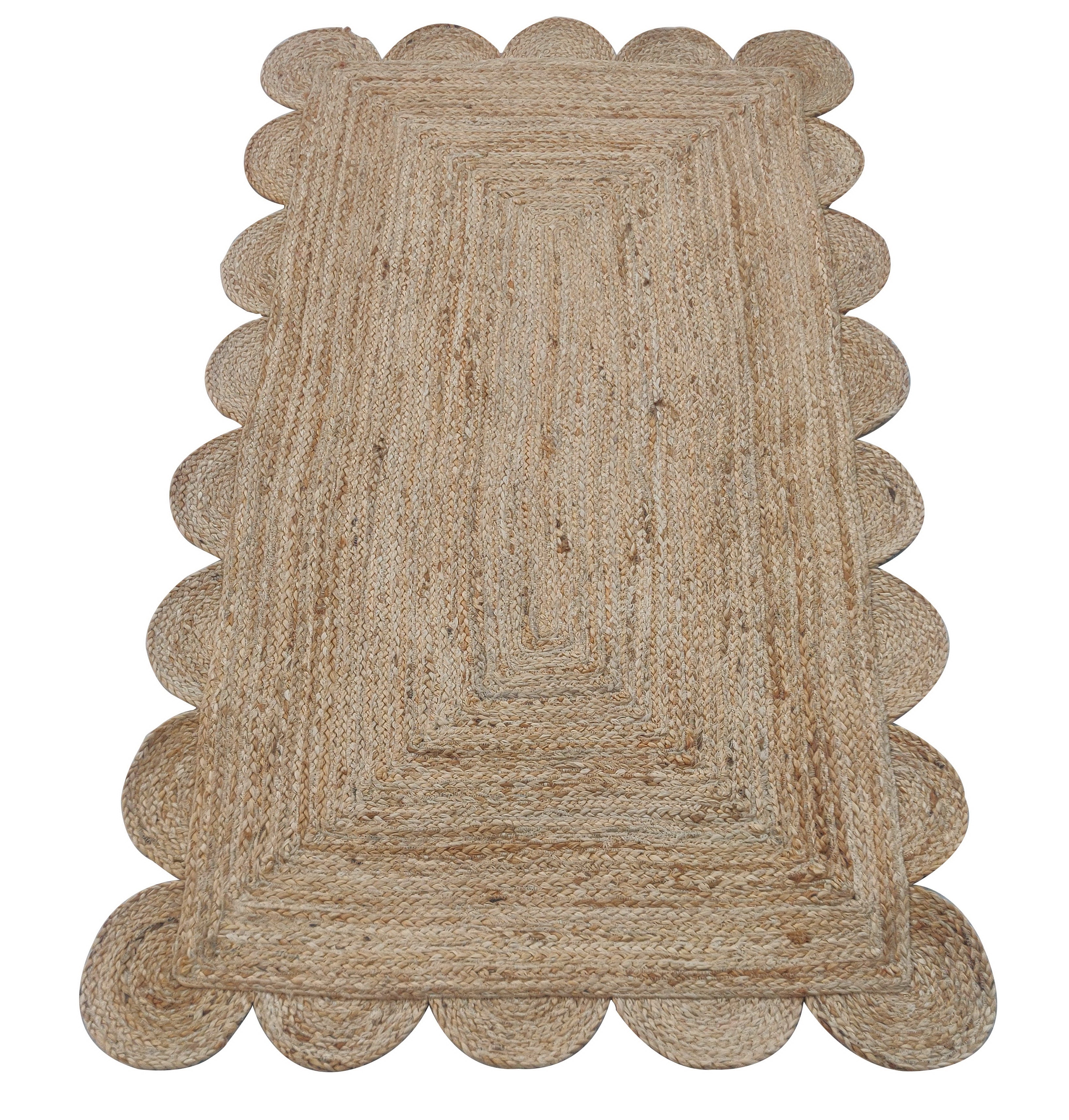Modern Handmade Natural Jute Scalloped Rug Dhurrie with a Solid Border -8003