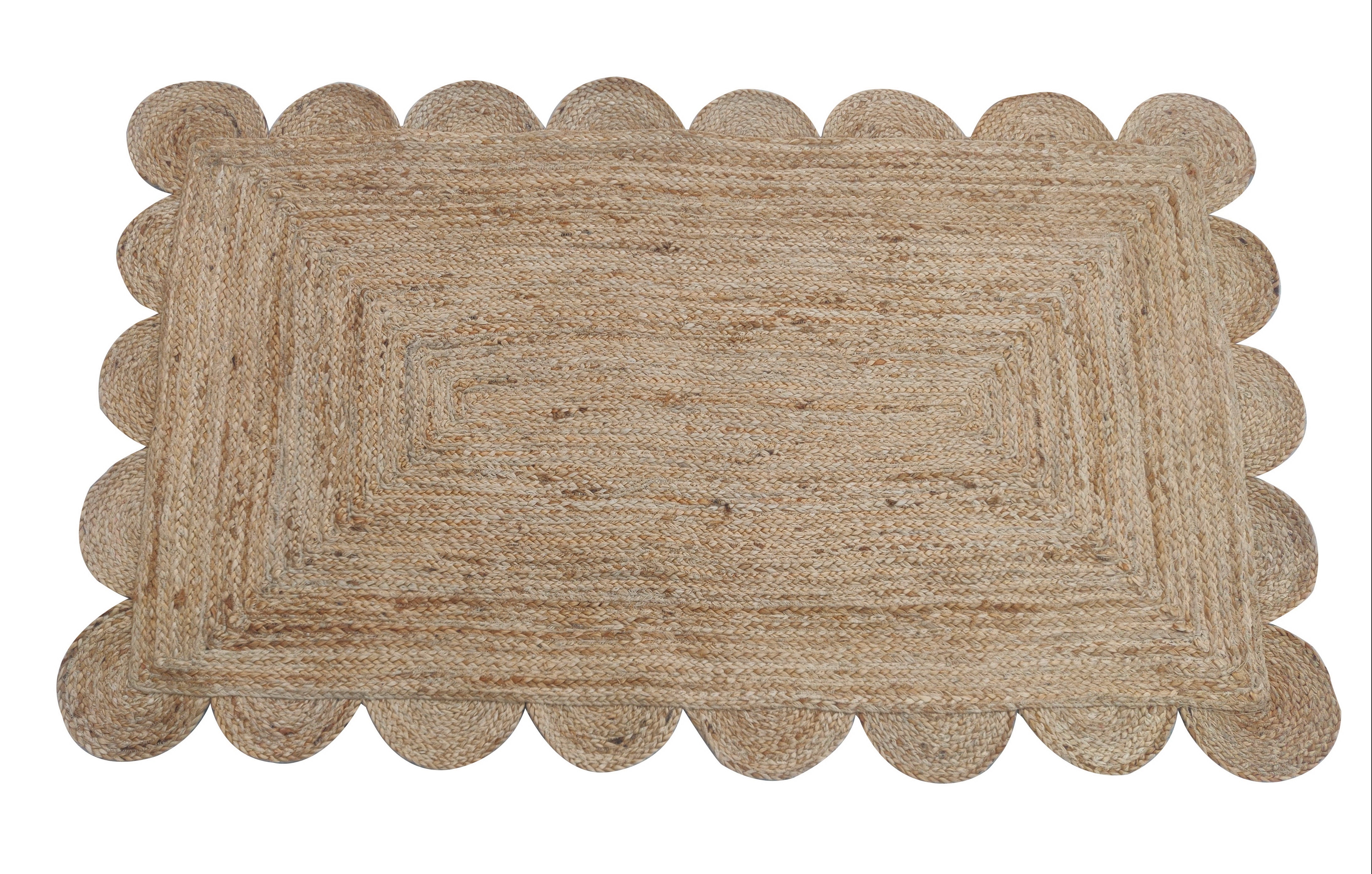 Modern Handmade Natural Jute Scalloped Rug Dhurrie with a Solid Border -8003