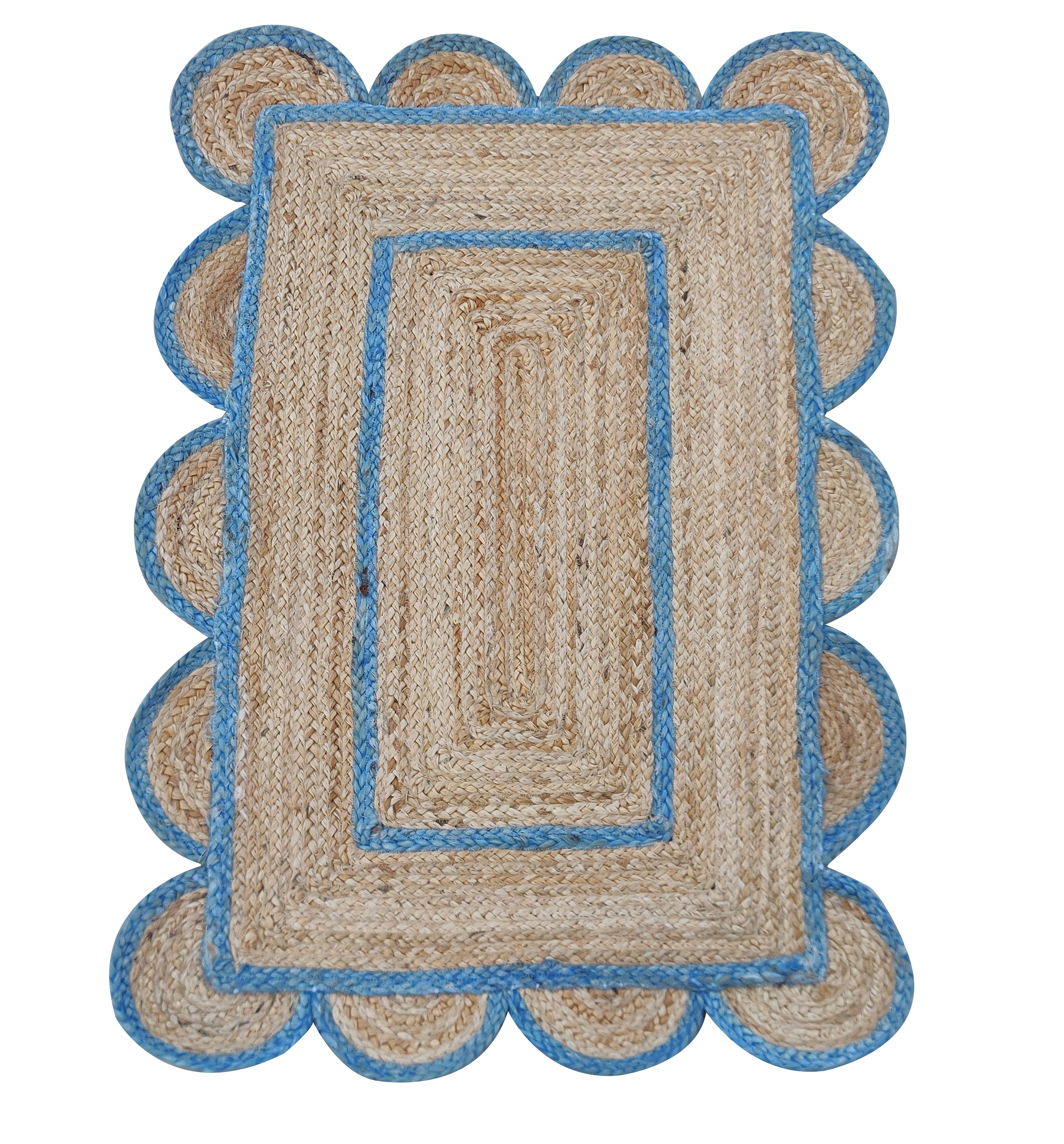 Modern Handmade Natural Jute Scalloped Rug Dhurrie with a Blue Border -8009