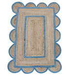 Modern Handmade Natural Jute Scalloped Rug Dhurrie with a Blue Border -8009