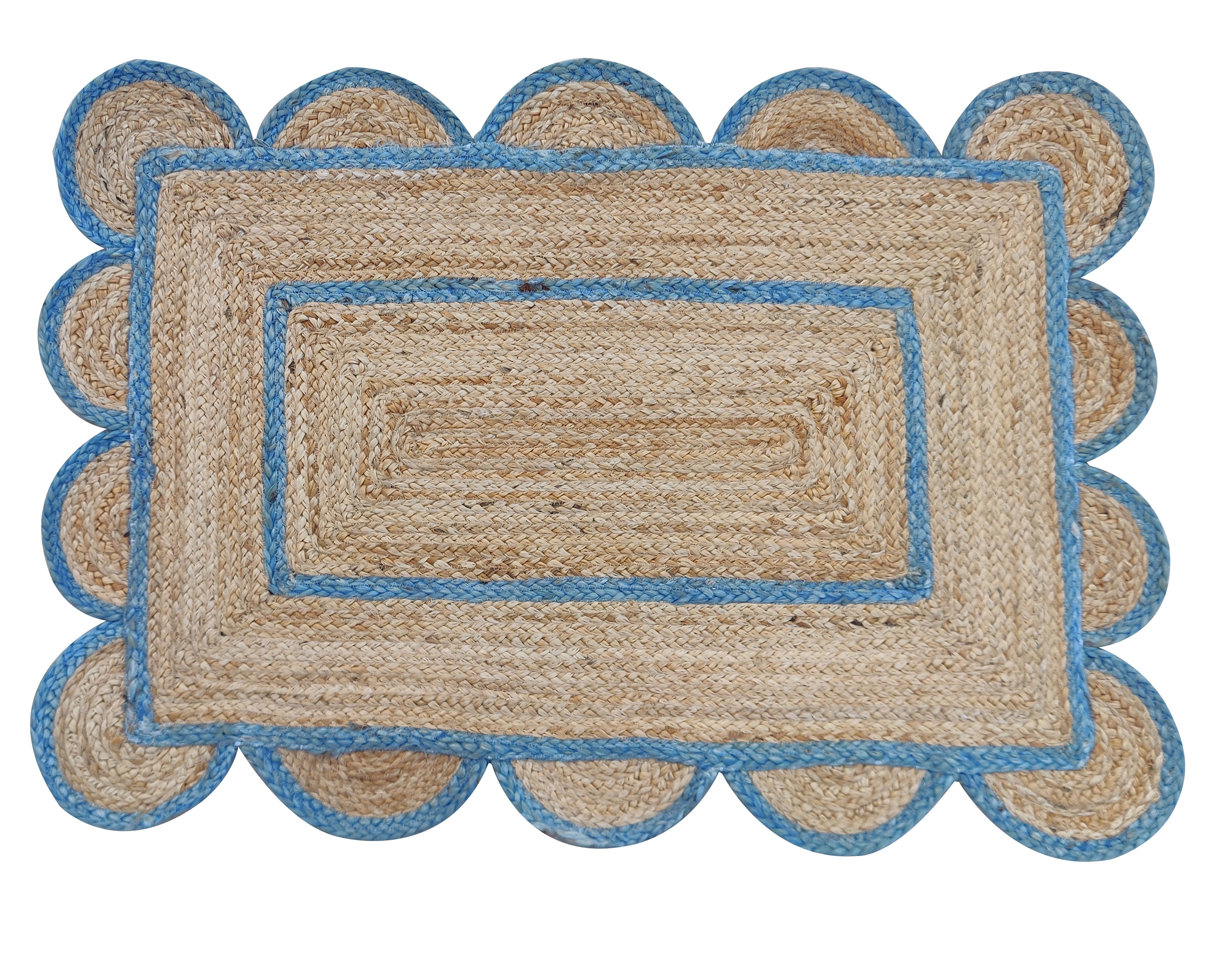 Modern Handmade Natural Jute Scalloped Rug Dhurrie with a Blue Border -8009