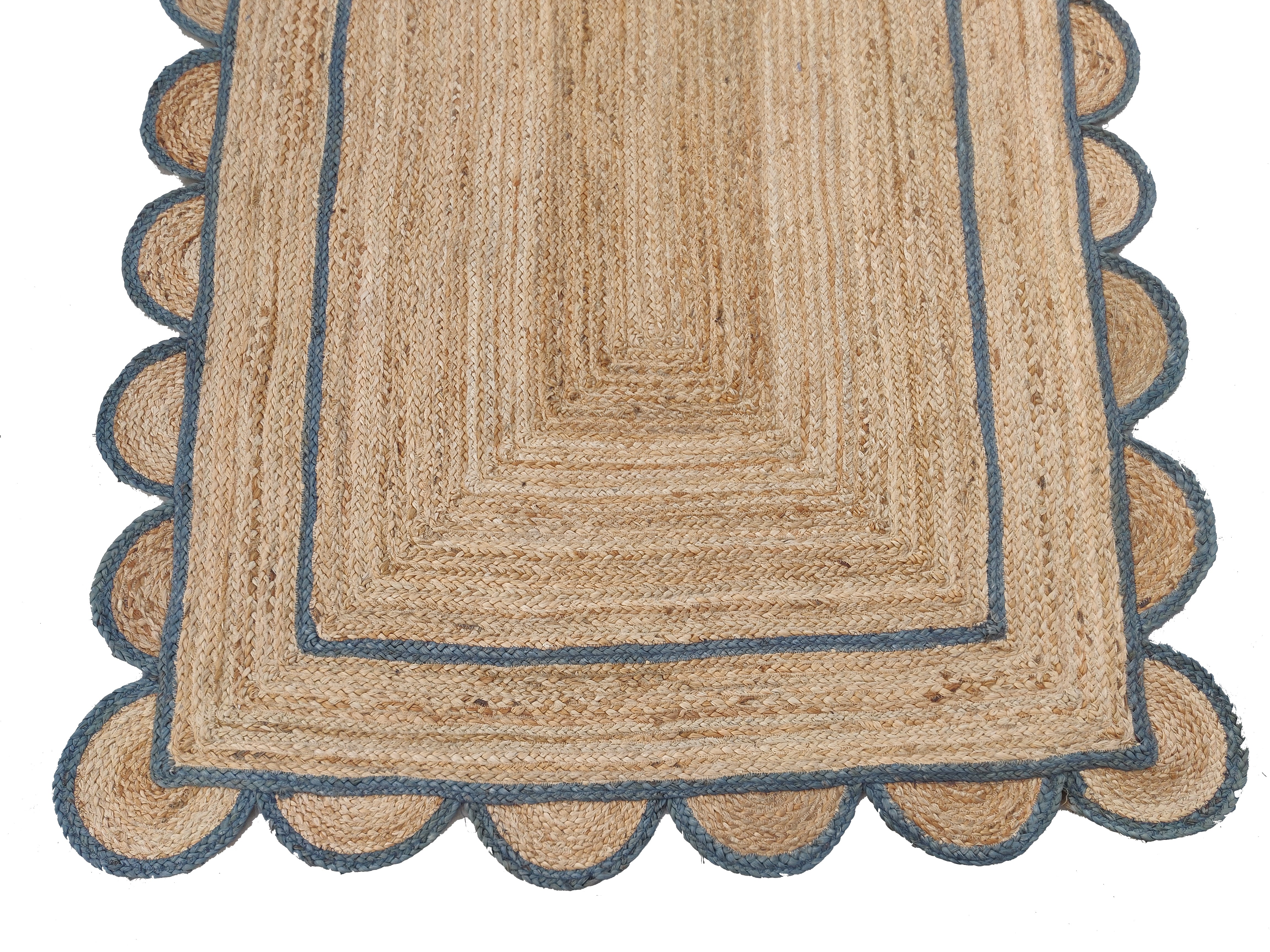 Modern Handmade Natural Jute Scalloped Rug Dhurrie with a Grey Border -8021