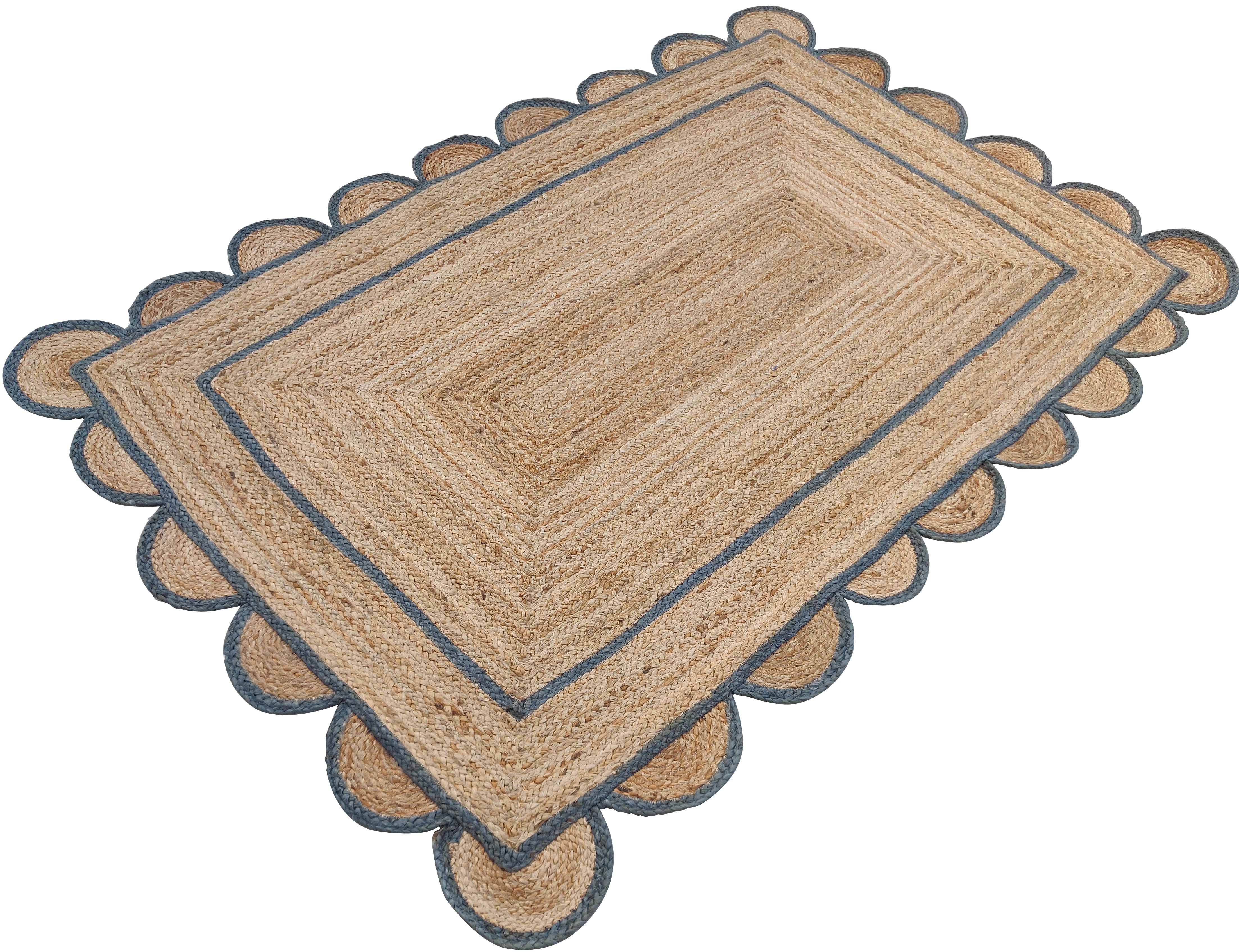 Modern Handmade Natural Jute Scalloped Rug Dhurrie with a Grey Border -8021
