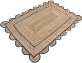 Modern Handmade Natural Jute Scalloped Rug Dhurrie with a Grey Border -8021