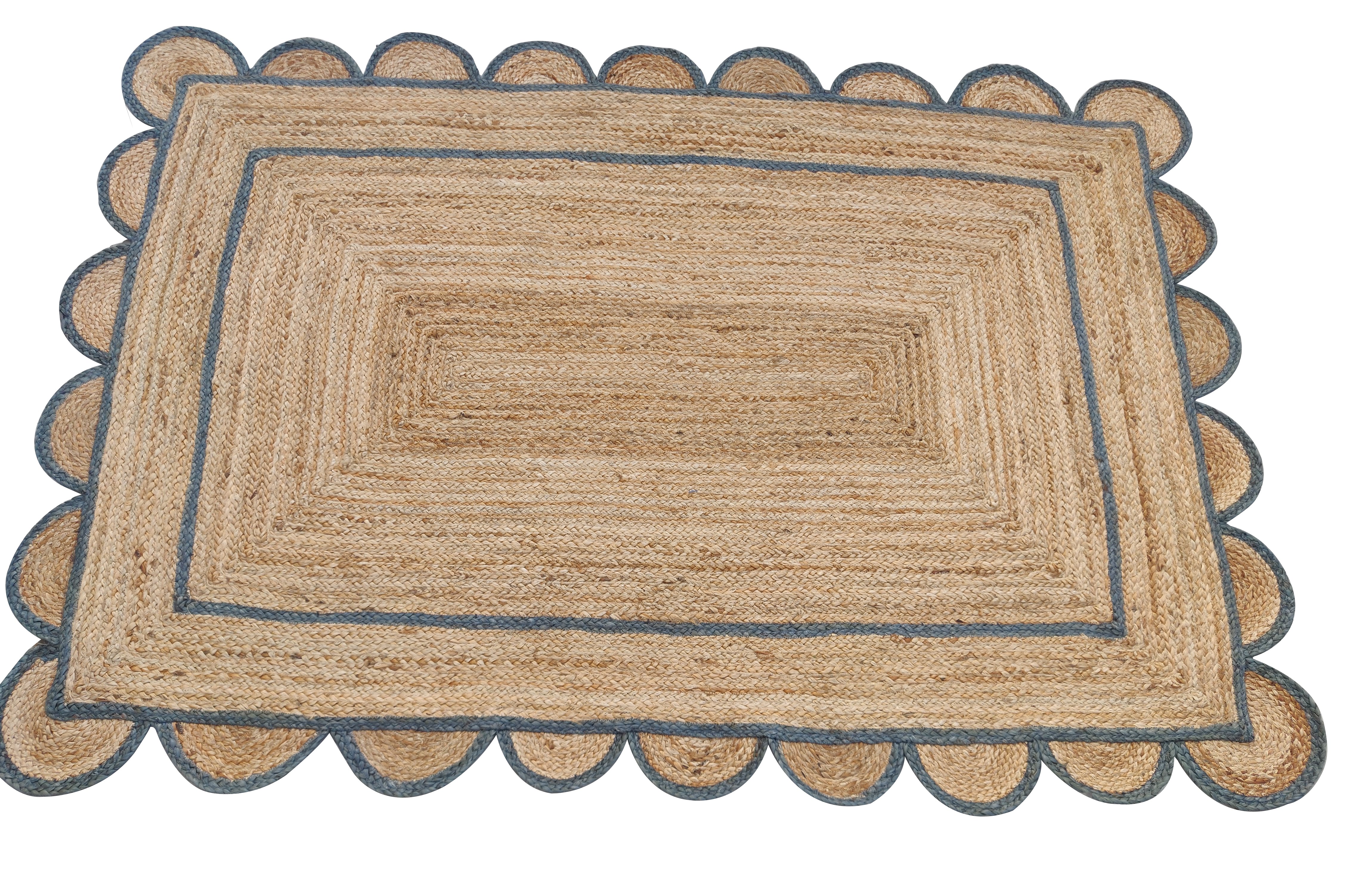 Modern Handmade Natural Jute Scalloped Rug Dhurrie with a Grey Border -8021