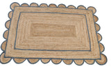 Modern Handmade Natural Jute Scalloped Rug Dhurrie with a Grey Border -8021