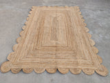 Modern Handmade Natural Jute Scalloped Rug Dhurrie with a Solid Border -8031