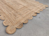 Modern Handmade Natural Jute Scalloped Rug Dhurrie with a Solid Border -8031