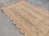 Modern Handmade Natural Jute Scalloped Rug Dhurrie with a Solid Border -8031