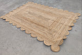 Modern Handmade Natural Jute Scalloped Rug Dhurrie with a Solid Border -8031