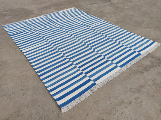 Modern Handmade Cotton Blue And White Up Down Striped Rug-6082