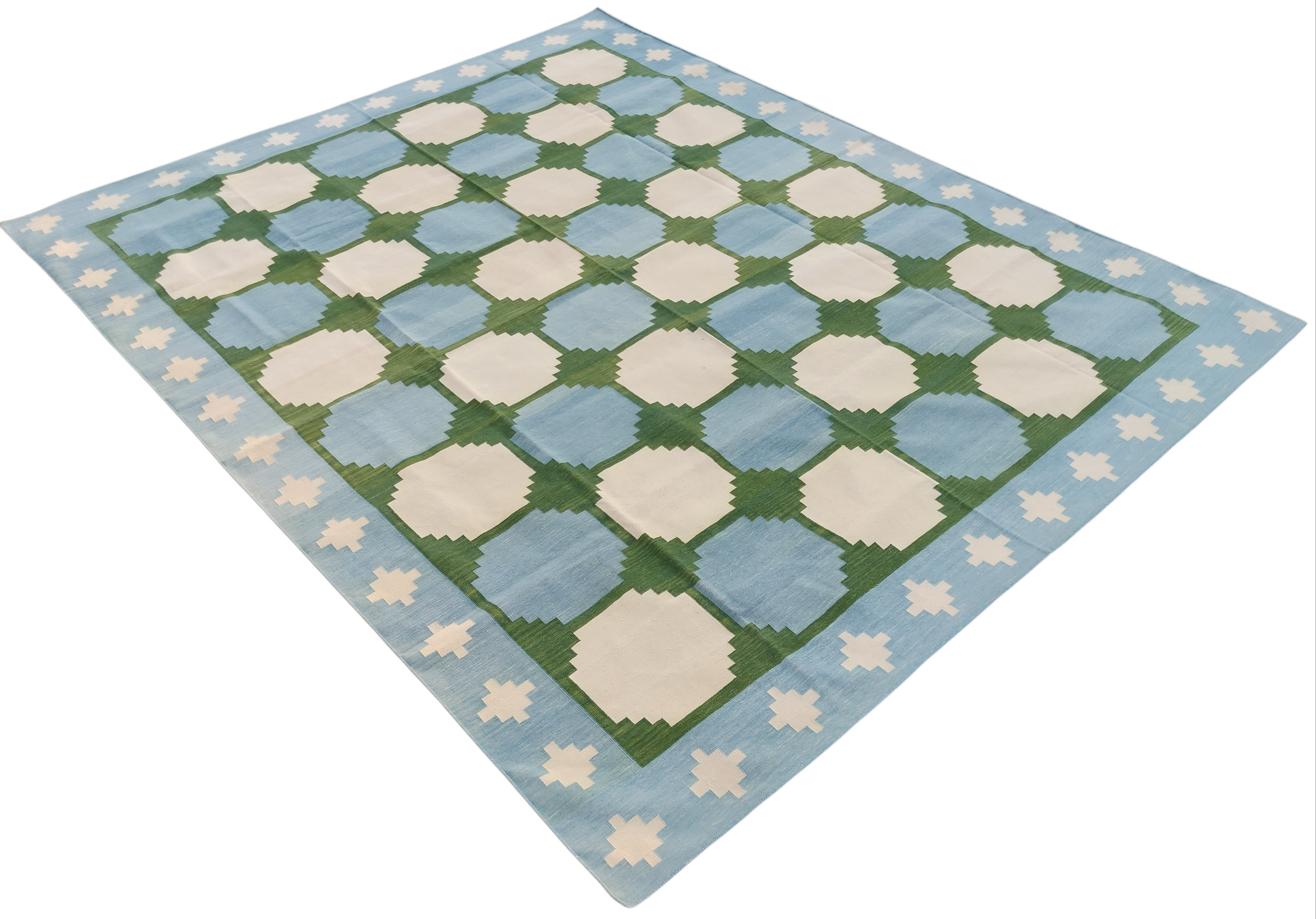 Modern Handmade Cotton Tile Patterned Green And Sky Blue Geometric Tile Rug