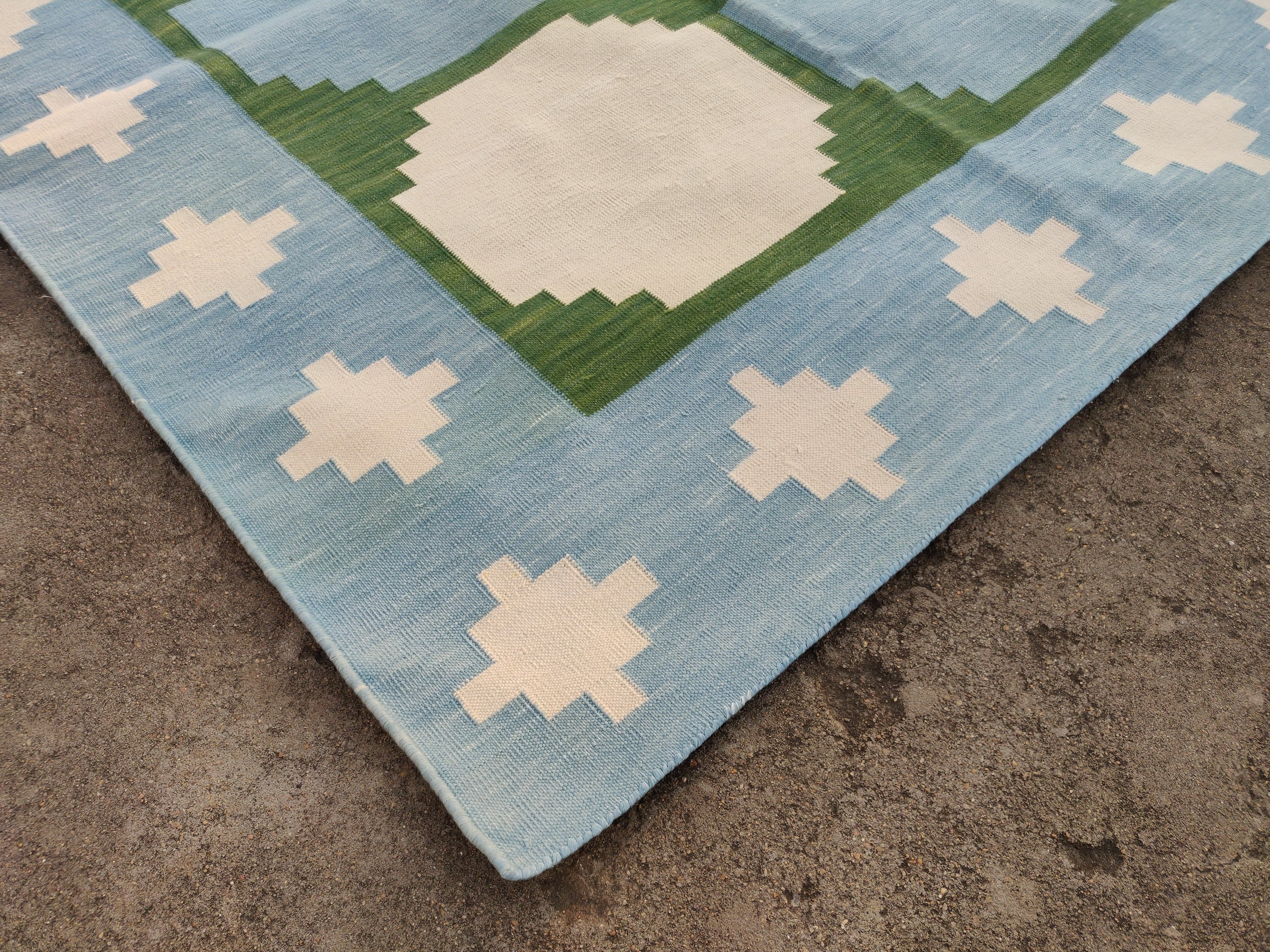 Modern Handmade Cotton Tile Patterned Green And Sky Blue Geometric Tile Rug