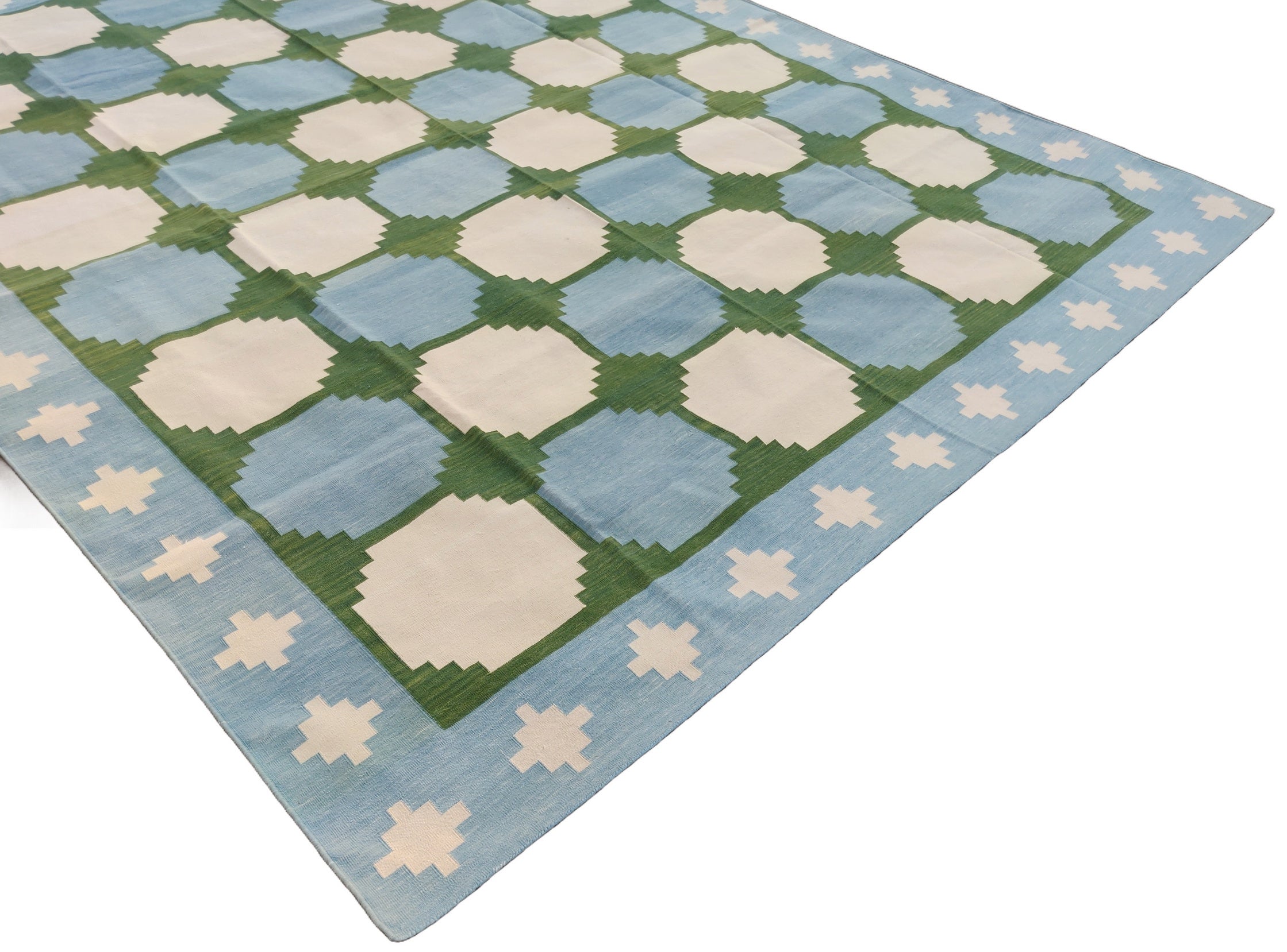 Modern Handmade Cotton Tile Patterned Green And Sky Blue Geometric Tile Rug