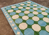 Modern Handmade Cotton Tile Patterned Green And Sky Blue Geometric Tile Rug