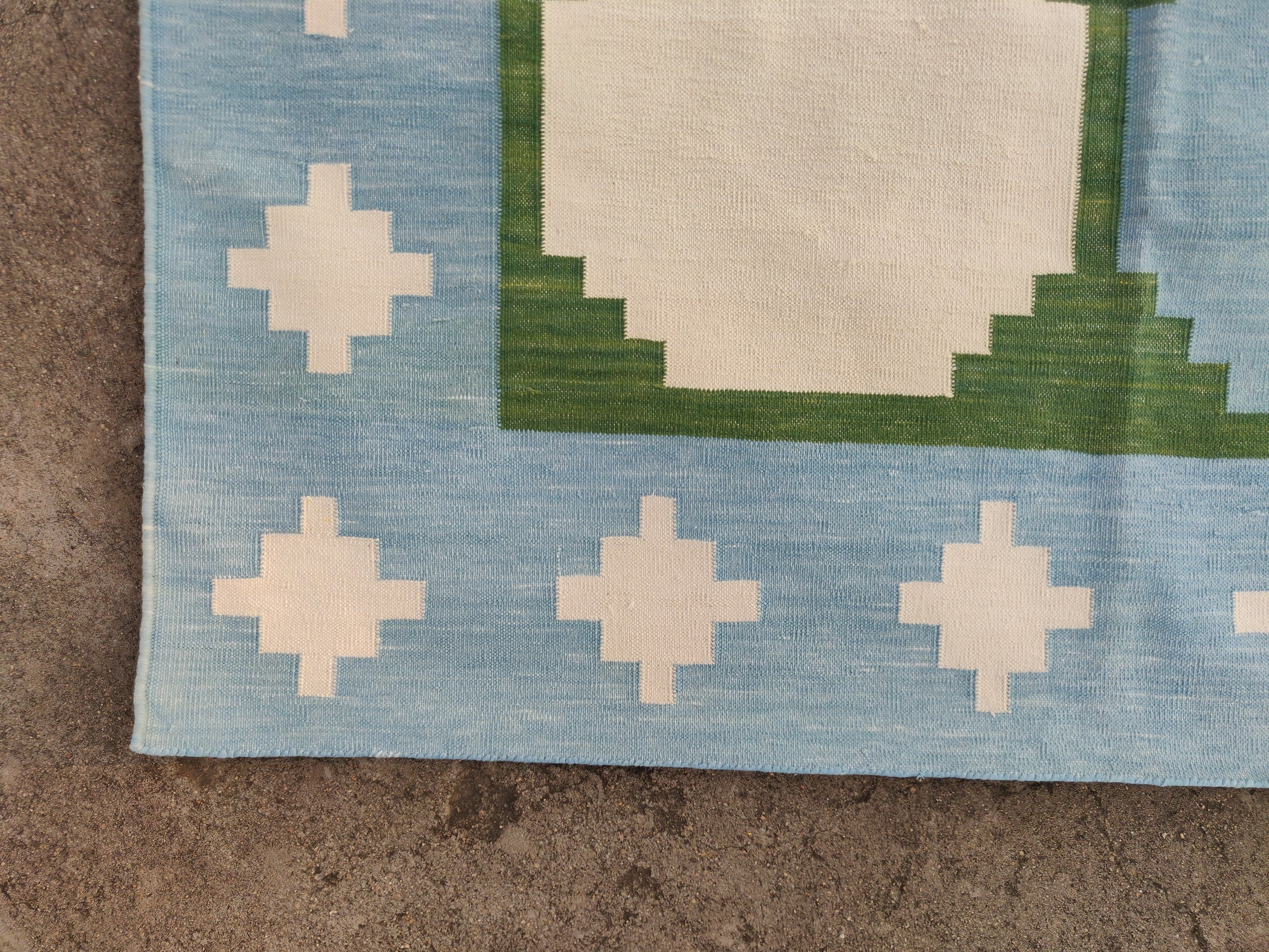 Modern Handmade Cotton Tile Patterned Green And Sky Blue Geometric Tile Rug