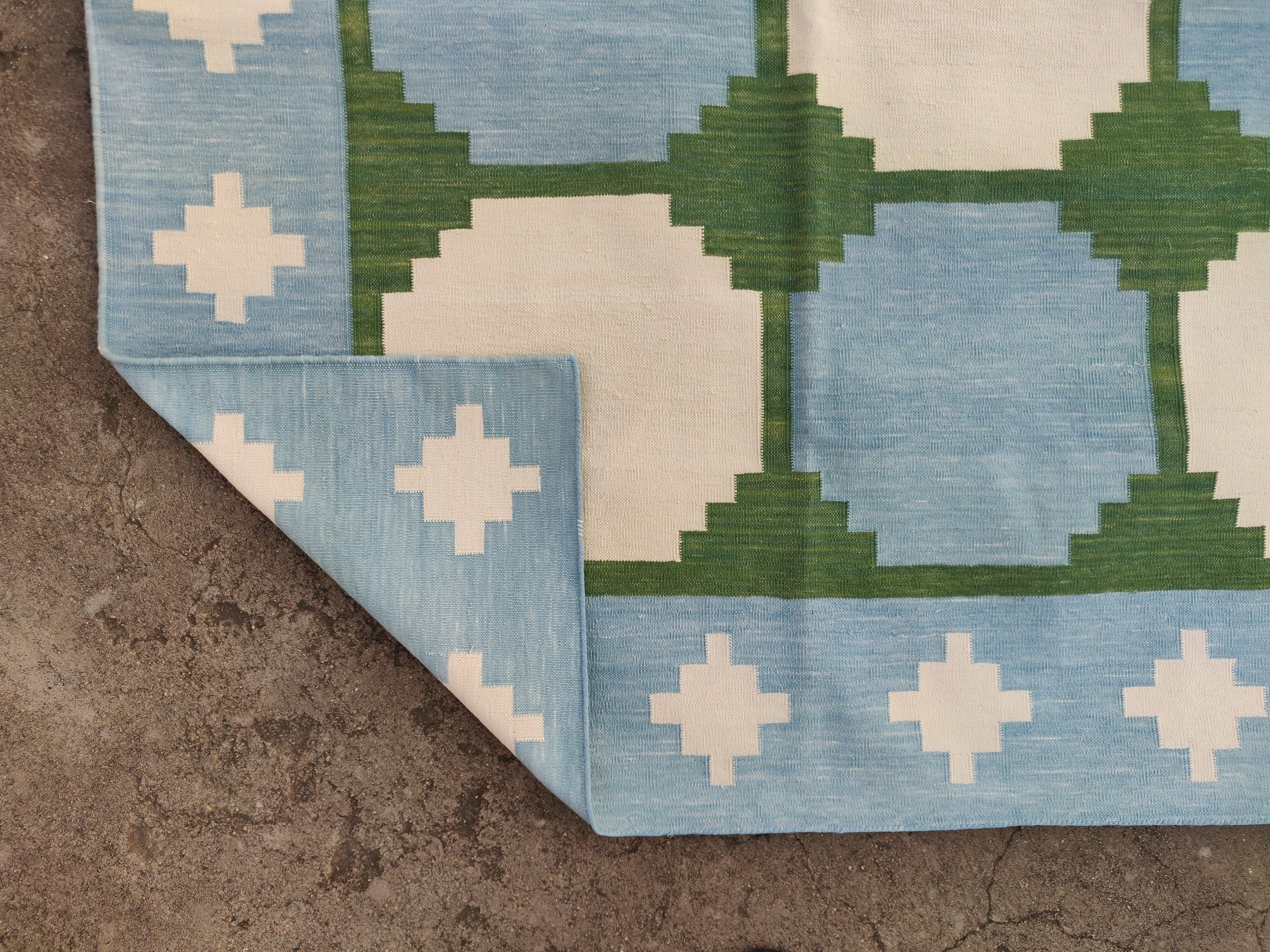 Modern Handmade Cotton Tile Patterned Green And Sky Blue Geometric Tile Rug