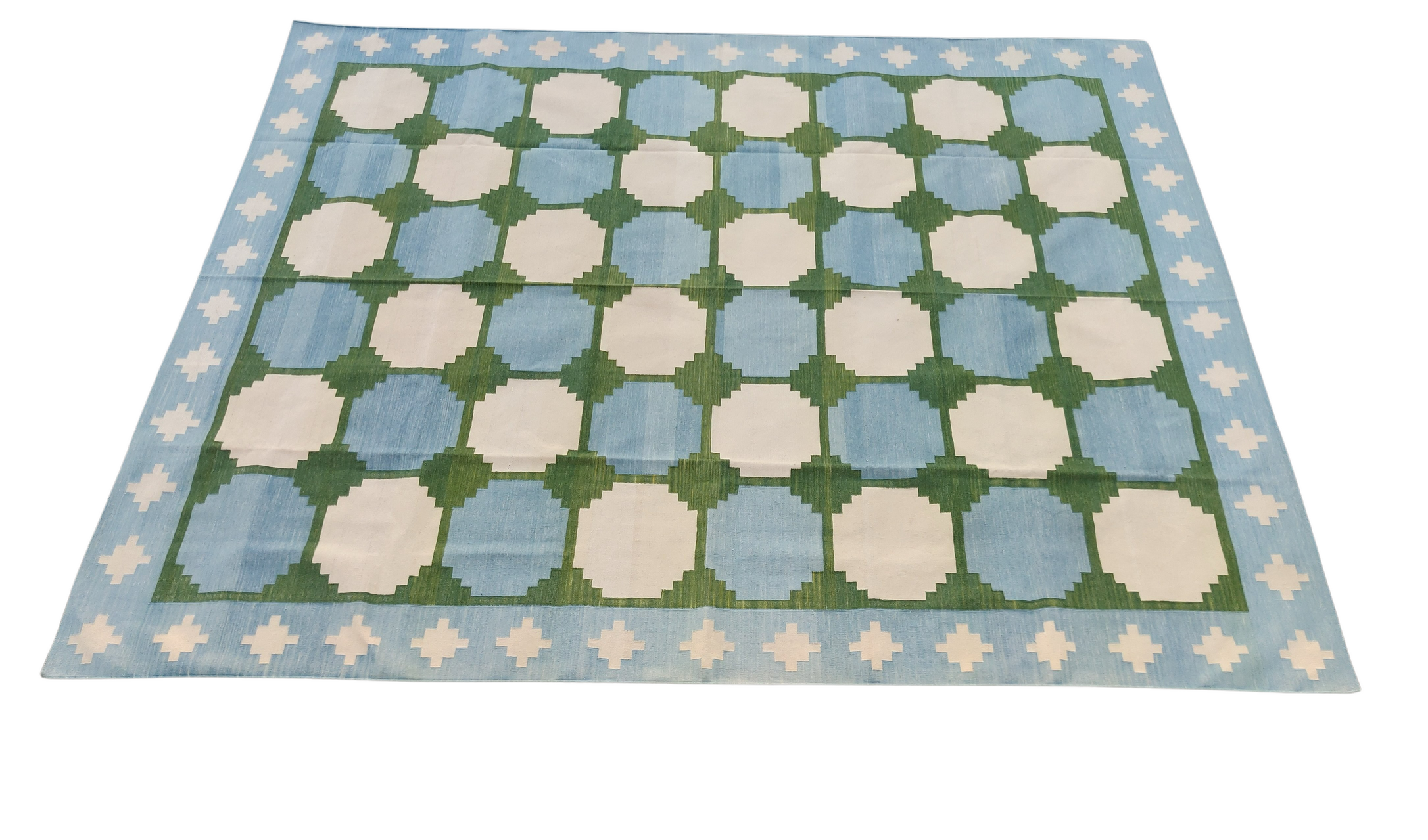 Modern Handmade Cotton Tile Patterned Green And Sky Blue Geometric Tile Rug