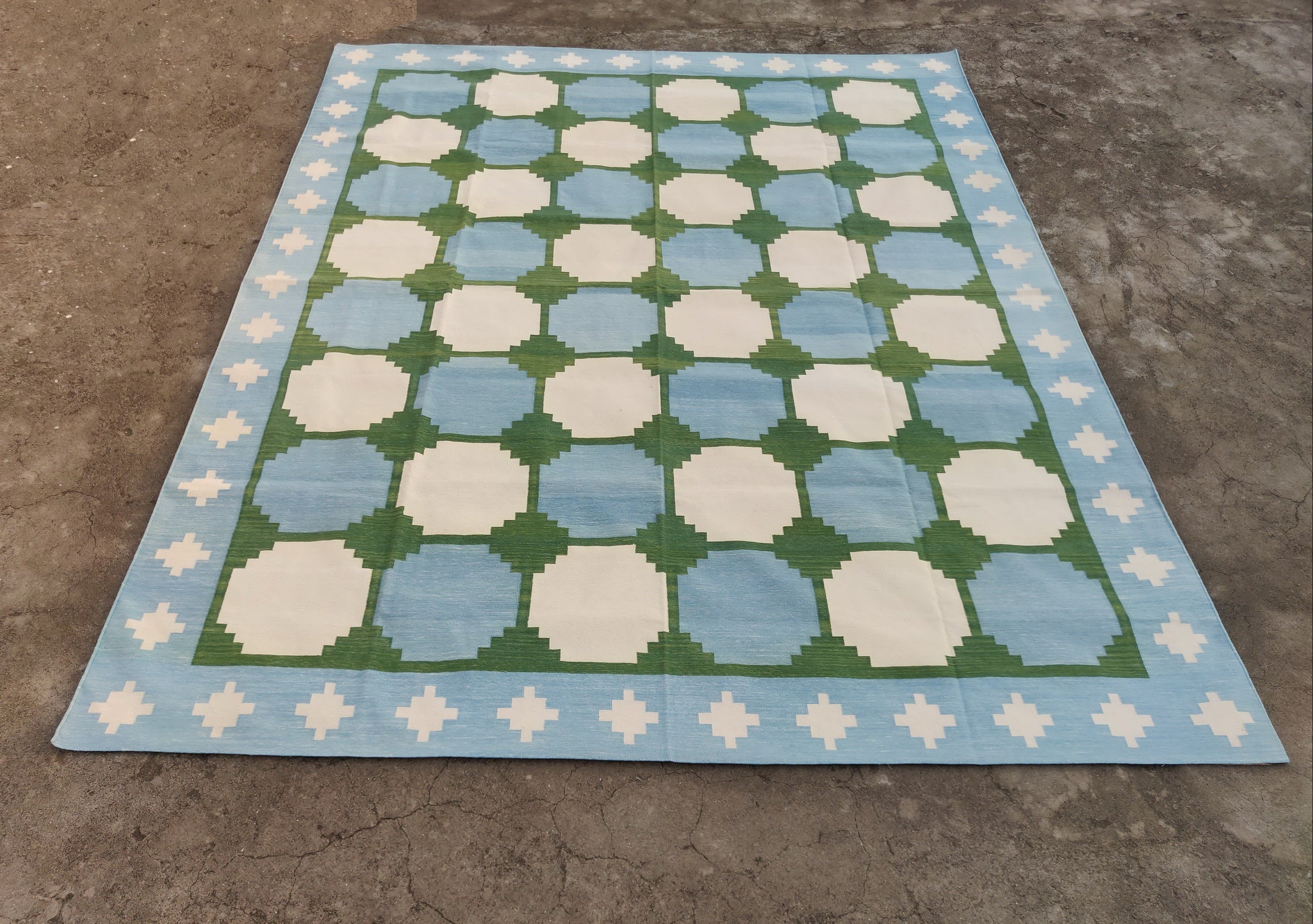 Modern Handmade Cotton Tile Patterned Green And Sky Blue Geometric Tile Rug