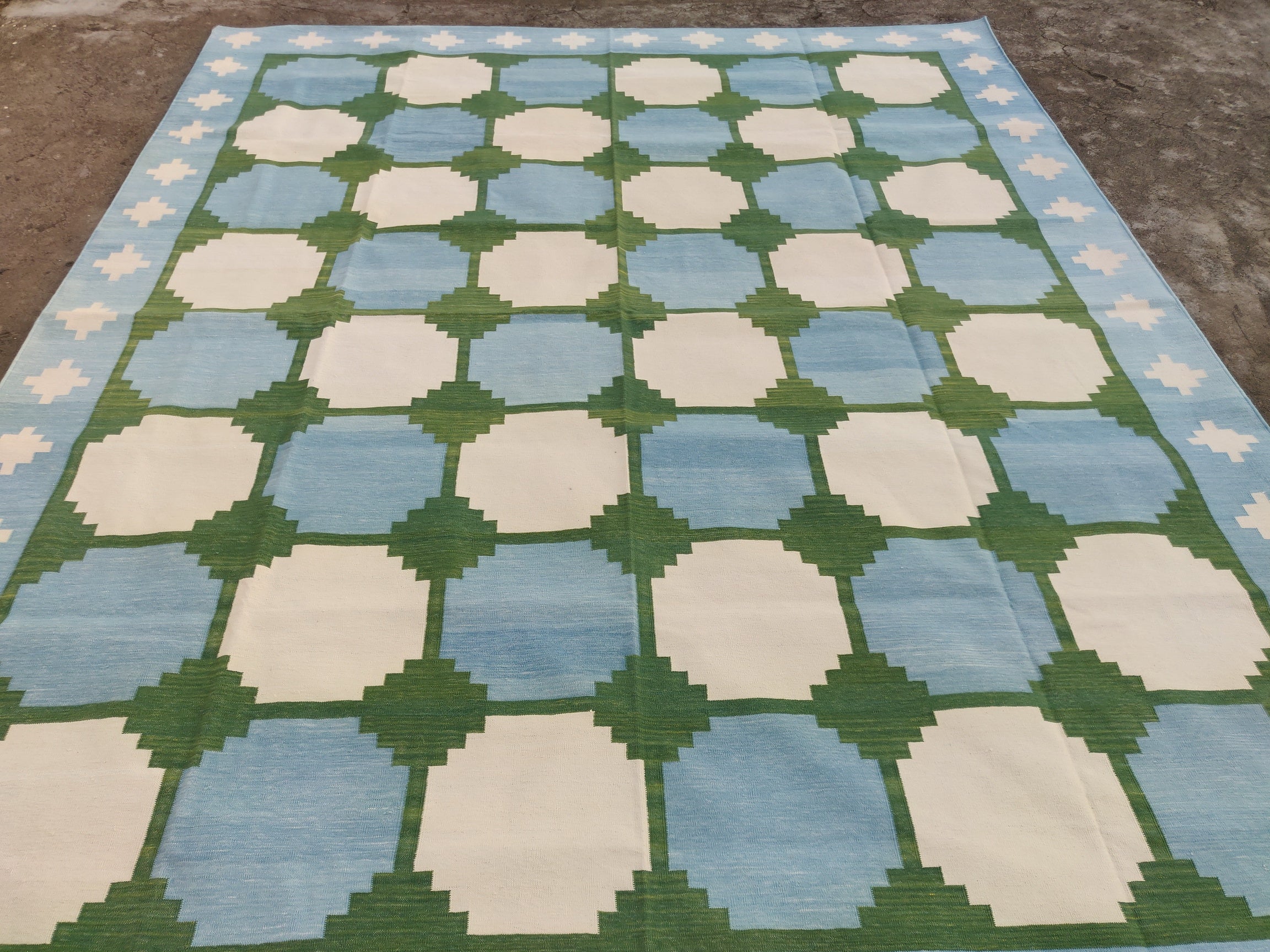 Modern Handmade Cotton Tile Patterned Green And Sky Blue Geometric Tile Rug