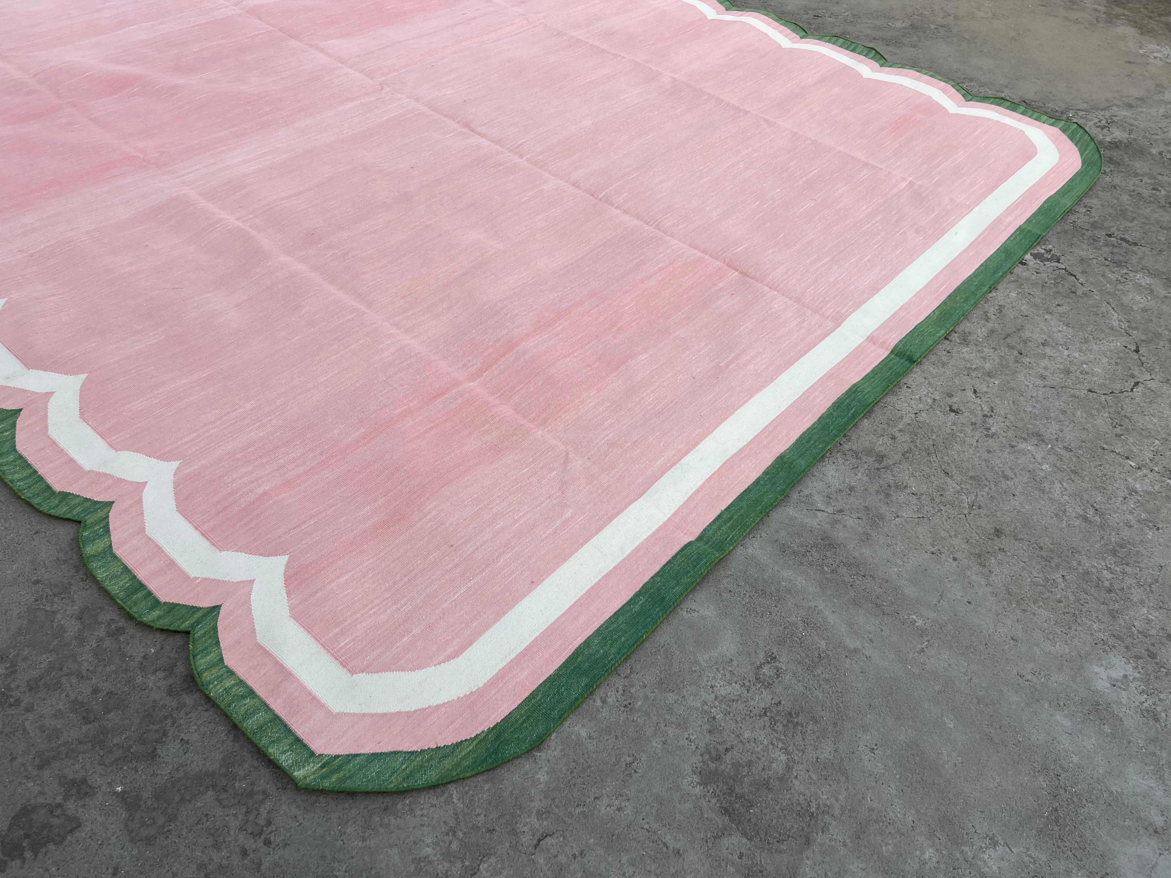 Modern Handmade Cotton Rug, Pink, Cream and Green Scalloped Indian Dhurrie-9650