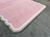 Modern Handmade Cotton Rug, Pink, Cream and Green Scalloped Indian Dhurrie-9650